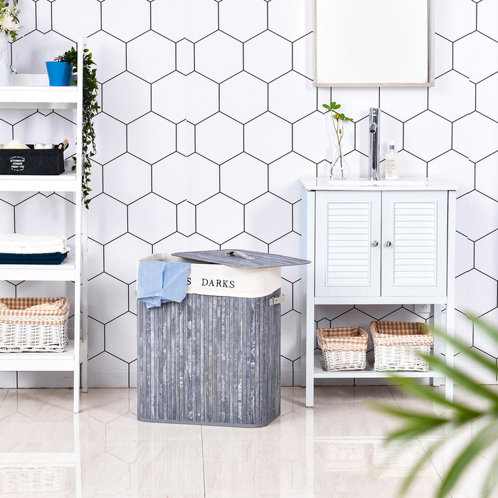 Кошик для білизни HOMCOM з бамбуковим оздобленням та кришкою, об'єм 100 л. Практичний контейнер для збору білизни з міцними ручками з PU-поліуретану, виготовлений з міцної тканини типу тенту. Ідеально підходить для сортування білизни у ванній кімнаті, спа