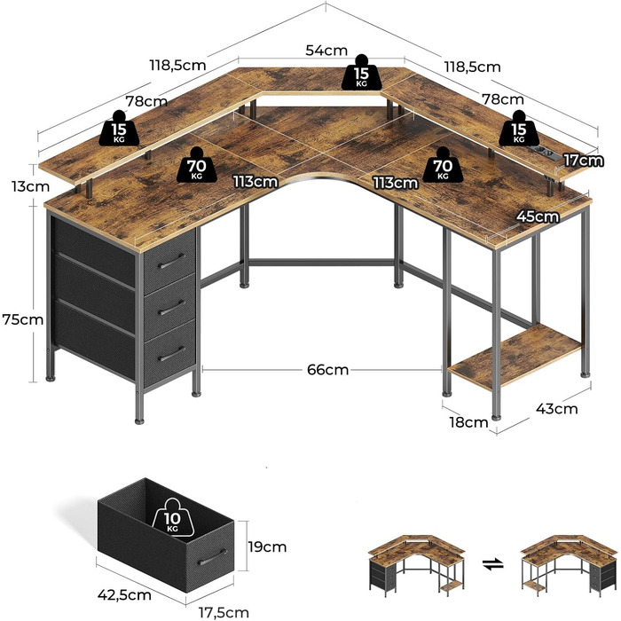 Ігровий кутовий стіл Seventable L-подібної форми з LED підсвіткою та розетками, 3 висувні ящики, стіл для дому та геймінгу, 135x135x88 см (Вінтажний коричневий)