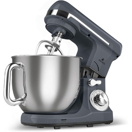 Кухонна машина Karaca Blendburst 1400W з 6 швидкостями, 5.7л чаша з нержавіючої сталі, подвійний гак для тіста, міксер, насадки для збивання та замішування, сірий колір