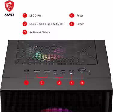 Корпус для ПК MSI MAG Forge 120A Airflow, Mid-Tower, ATX, підтримка RTX 40, Auto-RGB вентилятори, магнітні пилові фільтри, загартоване скло, USB 3.2 Gen1 Typ-A