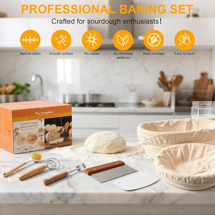 Набір для випікання хліба Gärkorb, повний комплект аксесуарів для випікання хліба (23см круглий & 25см овальний), скребок для тіста, льняний вкладиш, мішалка для тіста & лопатка для хліба. Набір для випікання хліба для початківців та професіоналів