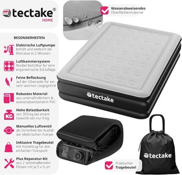 Надувна матрац Tectake для відпочинку та кемпінгу, 200 x 148 x 44 см, з електропомпою та сумкою для перенесення
