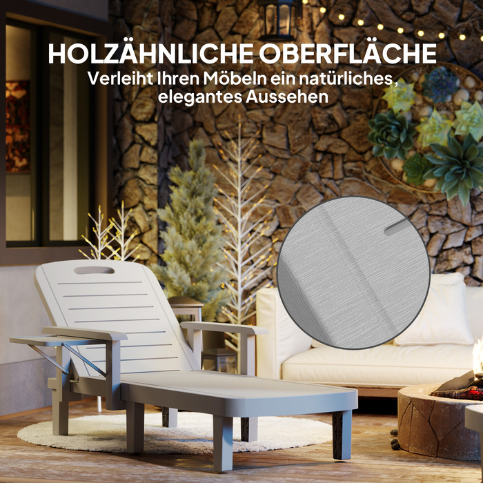 Шезлонг для саду з бічним столиком, імітація дерева, з 5-позиційним регулюванням спинки, світло-сірий