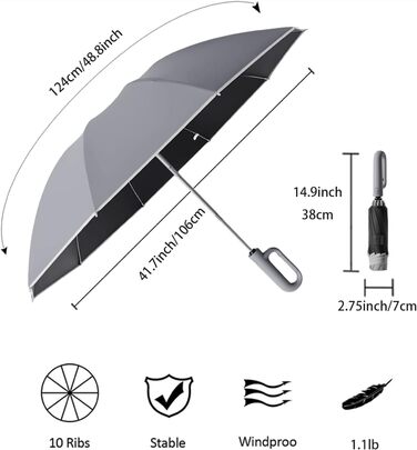 Парасолька для гольфу перевернута зворотна 10 ребер, автоматична, захист від ультрафіолету UPF 50, світловідбивачі, 106см (сірий)