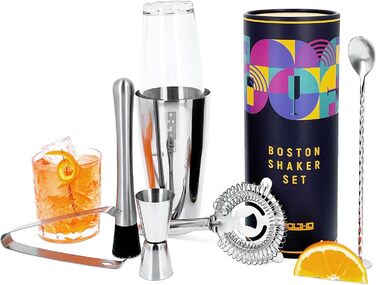 Набір шейкер для коктейлів Boston Shaker Set: скло, нержавіюча сталь, професійний барменський набір з ситечком Hawthorne