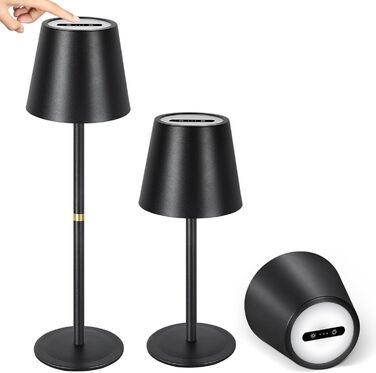 LED-лампа настільна OUTON 2 шт. бездротова з LED-індикатором, сенсорне керування, 3 колірні температури, USB-C зарядка, IP54 водостійкість, 30 годин роботи – для дому та на подарунок, чорний
