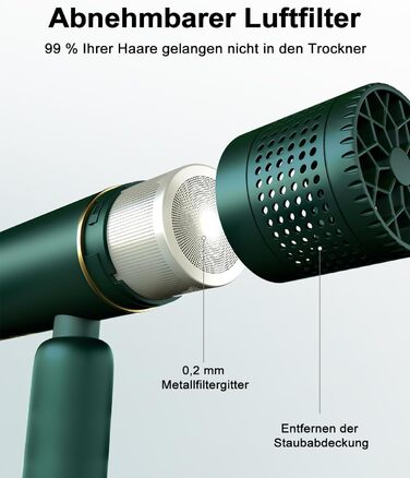 Фен, Фен, Іонний фен, Складний маленький туристичний фен для волосся з мішком для зберігання, Професійний фен 1600 Вт для швидкого сушіння, Тихий фен з насадкою для укладання, 3 нагріви та 2 швидкості, зелений