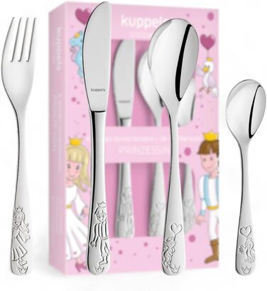 Набір дитячого столового прибору Kinderbesteck Set 4-teilig з мотивом - персоналізований дитячий столовий прилад з гравіюванням імені на ніж, виделку, ложку та чайну ложку – індивідуальний подарунок на народження, хрещення, день народження (Казка)