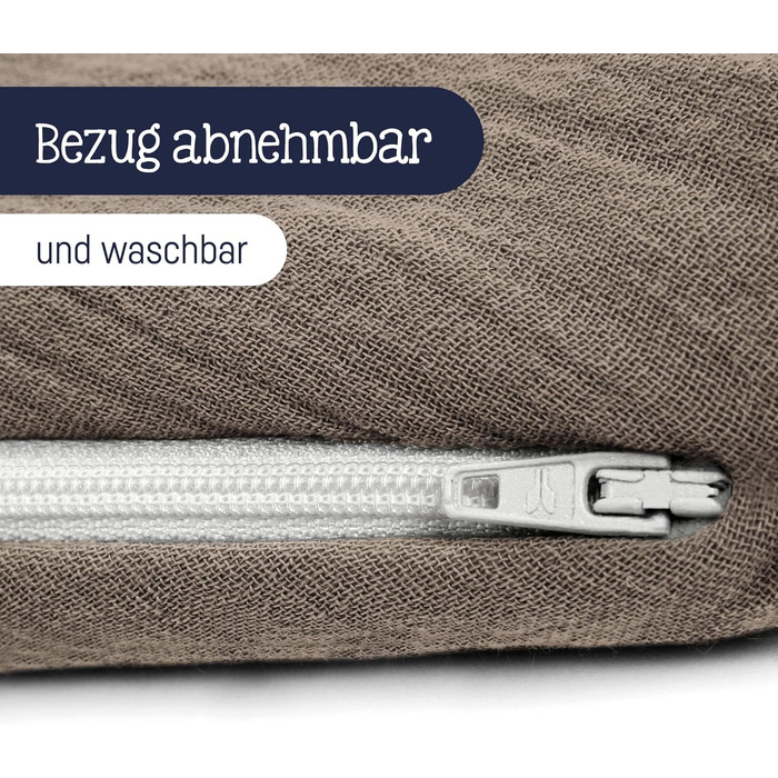 Подушка для годування Julius Zllner Муслін 190 см, 42 л EPS намистини, бавовна, Oeko-TEX 100, виробництво Німеччина (Nougat)