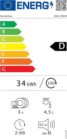 Компактна посудомийна машина Hermitlux Mini на 5 комплектів посуду (5л бак), 6 програм миття, 360° розпилювачі, функція сушіння, енергоклас D, без встановлення, скляні/суцільні дверцята
