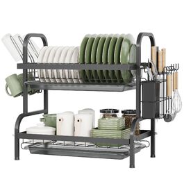 Сушарка для посуду NETEL 2-ярусна, чорна: з піддоном, тримачем для столових приборів та чашок