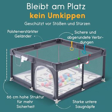 Дитячий манеж-ігровий центр з матрацом, басейн з кульками (50 кульок у комплекті) та 4 ручками для тримання. Розмір 124x124 см, дихаюча сітка, матеріал 210D Oxford, колір темно-сірий.
