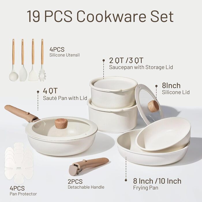 Набір посуду CAROTE 19 предметів, антипригарне покриття, кухонний набір, безпечний для духовки та холодильника, економія місця, універсальний набір, кремовий (19 шт)