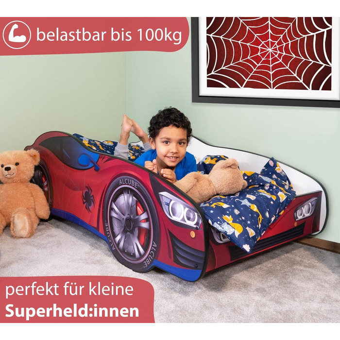 Ліжко-машина Alcube 80x160 см Автомобіль Spider CAR з рейковим каркасом і матрацом МДФ покриттям - ігрове ліжко з мотивом фольга дитяче ліжко 160х80 см для маленької людини-павука - Червоний
