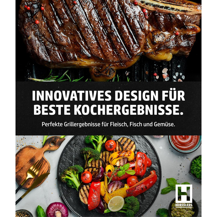 Сковорода-гриль HENSSELERS® з чавуну [26 см] для всіх типів плит та духовок, включаючи газові та індукційні плити. Антипригарна сковорода для стейків. Чотирикутна чавунна сковорода для гриля
