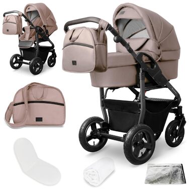 Дитяча коляска 3-в-1 Bergsteiger Capri – люлька, автокрісло i-Size, прогулянковий блок, повітряні колеса, амортизація, регульована ручка, складна, аксесуари (колір: коричневий, рама: антрацит)