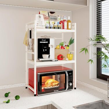 Регульована полиця для мікрохвильової печі, розширювана стійка-організатор для кухні, міцна з вуглецевої сталі, з 8 гачками (3-рівні, білий)