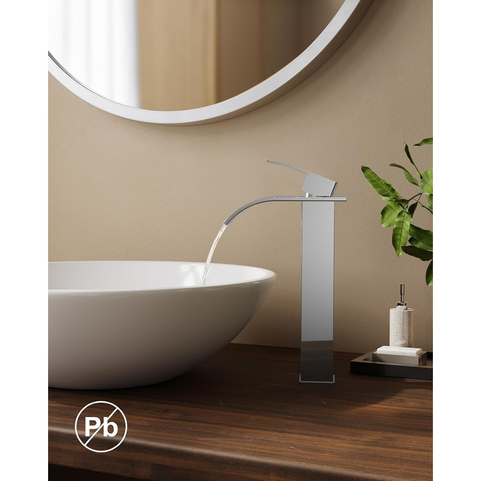 Змішувач для ванної кімнати FORIOUS з водоспадом, одноручний, для умивальника, хром, висота виливу 80 мм, економія води та енергії