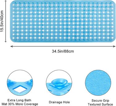 Нековзний килимок для ванни, Килимок для ванни з присосками, подовжений килимок для душу 88x40 см, нековзний, швидковисихаючий килимок для душу, нековзний килимок для ванної (сірий) (40 х 88 см, синій)