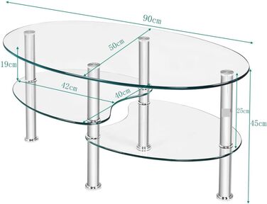 Журнальний столик LIFEZEAL скляний, скляний стіл 3 яруси, овальний стіл для вітальні з металевим каркасом, журнальний столик журнальний столик для вітальні та офісу, сучасний дизайн 90x50x45см (прозорий)