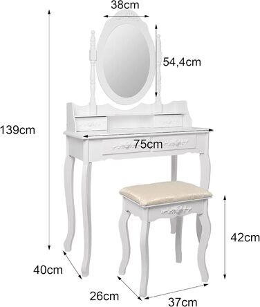 Туалетний столик ML-Design, дзеркало, табурет, 4 ящика, 75x139x40 см, Кантрі Стайл, МДФ Дерево, Білий