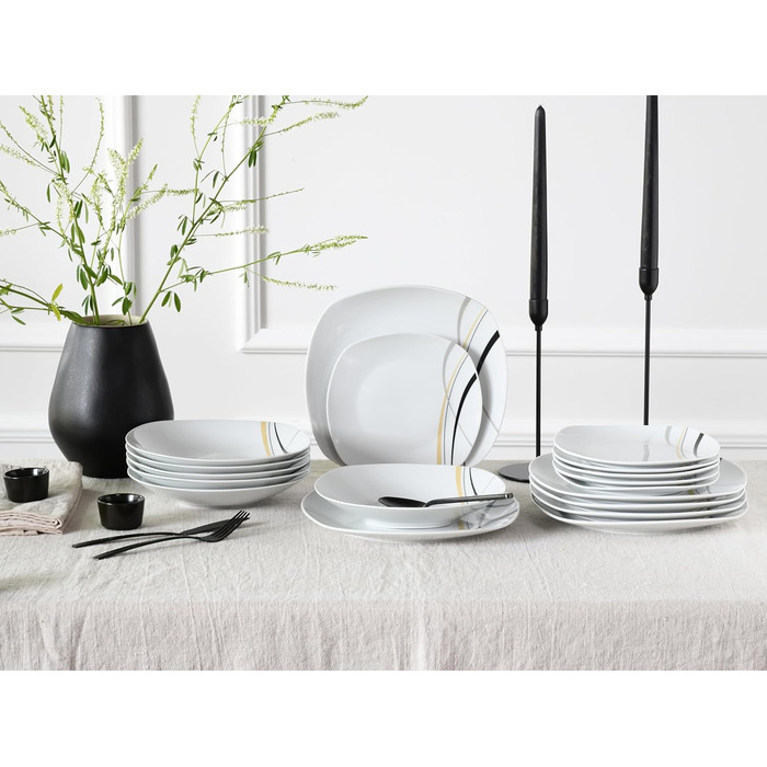 CreaTable Серія Square City Line: 18-частинний набір посуду на 6 осіб, кавовий сервіс з порцеляни, придатний для миття в посудомийній машині та використання в мікрохвильовій печі