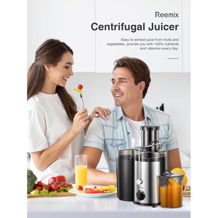 Соковитискач Reemix для овочів та фруктів, професійний з нержавіючої сталі, 500W, 3 швидкості (Чорний)