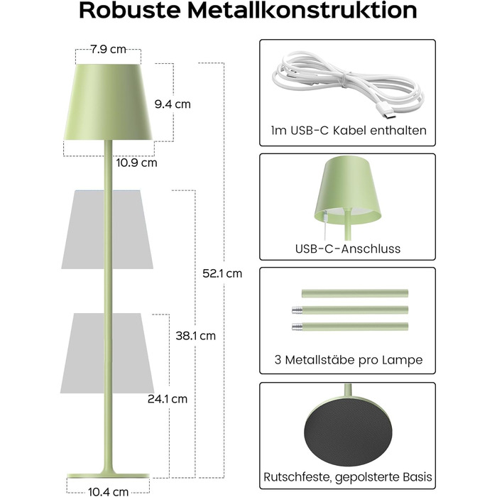 LED-лампа настільна Jackyled бездротова, перезаряджувана, 5000mAh, 3 рівня висоти, 3 температури кольору, регульована яскравість (зелена, 1 шт.)