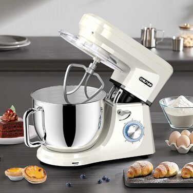 Кухонна машина Cheflee 2000W: потужна планетарна міксер для тіста та збивання, 6 швидкостей, 7.2 л чаша з нержавіючої сталі, гак для тіста та вінчик, захист від бризок (Cream White)