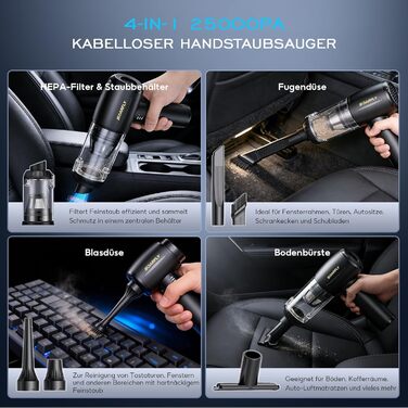 Акумуляторний ручний пилосос SoarFly 4 в 1, 25000Па, бездротовий міні-пилосос для авто, дому та ПК з безщітковим двигуном, LED-підсвіткою та набором щіток, чорний