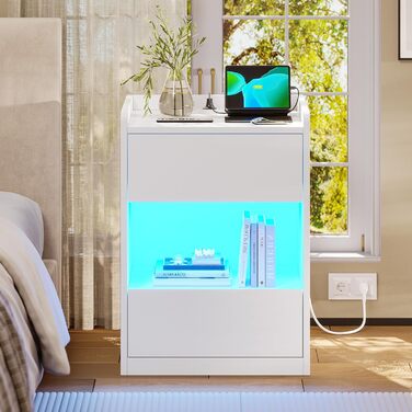 Нічний столик AOGLLATI з LED-підсвічуванням та зарядкою, 2 шухляди та полиця, білий (40x35x60 см)