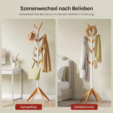 Вільхувана вішалка для одягу WOLTU з 8 гачками, дерев'яна, 180 см, білий+натуральний колір