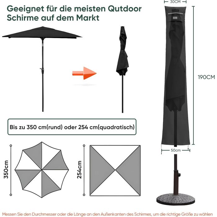 Захисний чохол для парасольки/газонного парасольки, чорний (190x30/50 см)