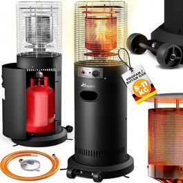 Газовий обігрівач TRESKO® 11 кВт на колесах | Для тераси, балкону та саду | Газовий нагрівач-гриб з регулятором та шлангом (Чорний)