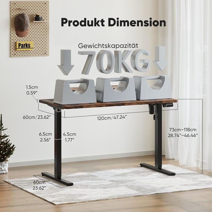 Регульований стіл Sweetcrispy з підставкою для монітора, 120 x 60 см. Електричний, ергономічний стіл для стоячи/сидячи, комп'ютерний стіл, вінтажний коричневий, 120 x 60 см