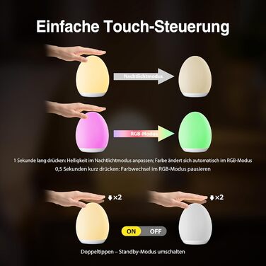 Нічник дитячий JolyWell з 8 режимами зміни кольору та регулюванням яскравості, перезаряджуваний нічник-яйце з таймером 1 година та сенсорним керуванням, білий