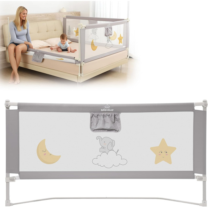 Бортики для ліжка дитячі 3 шт. (2x200 см + 1x180 см) складані, захист від випадання, малюнок - слоники