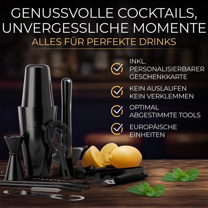 Коктейльний набір Schwarz 14 предметів: шейкер Бостон 825 мл, аксесуари для коктейлів, рецепти, професійний та початківець, подарунковий набір чорний