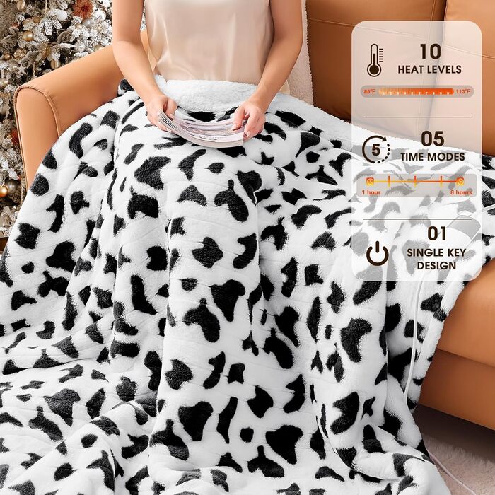 Електрична грілка з принтом корови, повний розмір 183x213 см, фіолетовий колір. 10 режимів нагріву, автоматичне вимкнення через 8 годин, принт з високопродуктивною коровою, флісова та шерпа-підкладка.