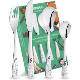 Дитячий столовий прилад Kuppels з гравіюванням імені – набір столових приладів для дітей від 3 років, 4-частинний, нержавіюча сталь, придатний для миття в посудомийній машині – персоналізований хрещення для дівчаток та хлопчиків, друзі лісу
