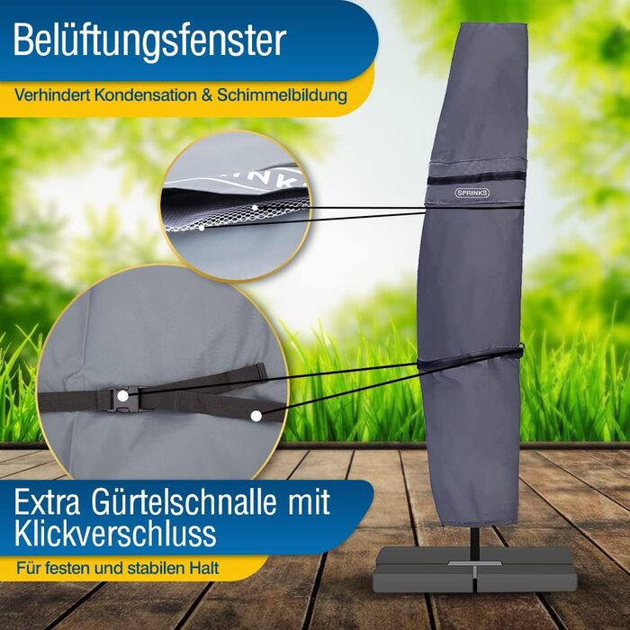 Чохол для парасольки SPRINKS® до 300 см - захисний, стійкий до УФ, вологостійкий, з допоміжним стрижнем, темно-сірий, 260 x 40/70/50 см