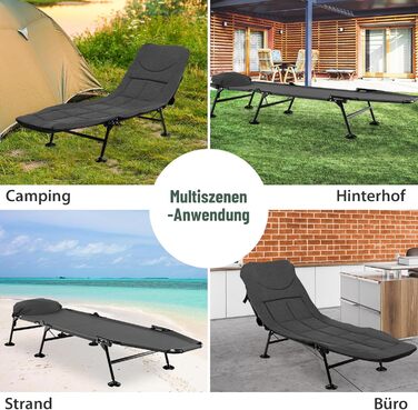 Складане ліжко для риболовлі та кемпінгу GOPLUS, посилене (до 200 кг), з регульованою спинкою (6 позицій) та спеціальними опорами для м'якого ґрунту, сіре