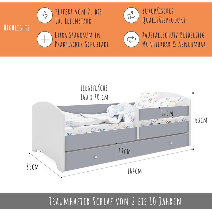 Дитяче дитяче ліжко Kids Collective 140x70 см з матрацом і ящиком, захистом від падіння та рейковим каркасом білий (80 x 160 см матрац, сірий)