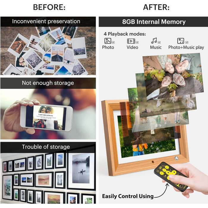 Цифровий фоторамка Kodak 10 дюймів з акумулятором, Wi-Fi, 32 ГБ, сенсорний HD IPS екран, фото/відео/музика, відтворення через додаток, Burlywood
