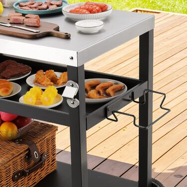 Grillwagen LIFERUN з нержавіючої сталі, 3 яруси, стіл для гриля, вуличний, з нержавіючою сталею, з гачками, на колесах