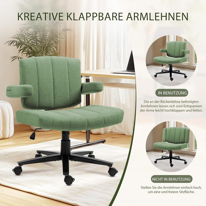 Крісло Vigosit Criss Cross з колесами, регульовані підлокітники, антиковзаюча тканина, комфортна подушка, сучасний стиль, поворотне, для дому, туалетного столика, офісу (Сірий) (Зелений)