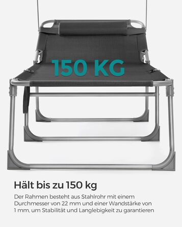 Лежак для відпочинку SONGMICS - великий, складаний, з сонцезахисною козирком та регульованою спинкою, 200 x 71 x 38 см, вантажопідйомність 150 кг, для саду, басейну, тераси, темно-сірий