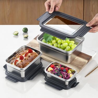 Набори контейнерів для їжі Misichao з нержавіючої сталі, герметичні, для кухні та комори, з можливістю штабелювання, багаторазові, об'єм 450 мл + 1100 мл + 2500 мл