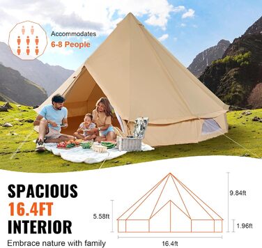 Намет-юрта VEVOR Glockenzelt 3-7м бавовняний TC, для 6-12 осіб, з посиленим каркасом та PVC підлогою - для кемпінгу та відпочинку