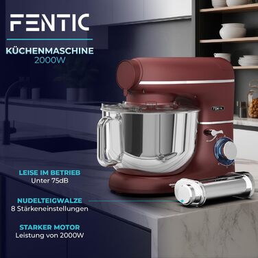 Кухонна машина з тістомісом та машиною для пасти – 2000W, з нержавіючою чашею 6.2L (червона)